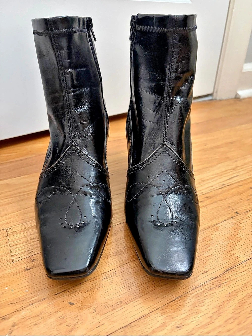 Franco Sarto Black Heeled Leather Ankle Boots Western Stitching Square Toe Barel